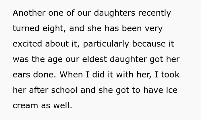 Text discussing a dad throwing a fit after his wife took their daughter to get her ears pierced at age eight. Text discussing a dad throwing a fit after his wife took their daughter to get her ears pierced at age eight.