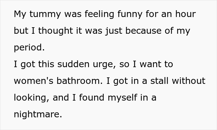 Text excerpt about experiencing sudden period symptoms and urgency to use a women's bathroom stall during a difficult moment. Text excerpt about experiencing sudden period symptoms and urgency to use a women's bathroom stall during a difficult moment.