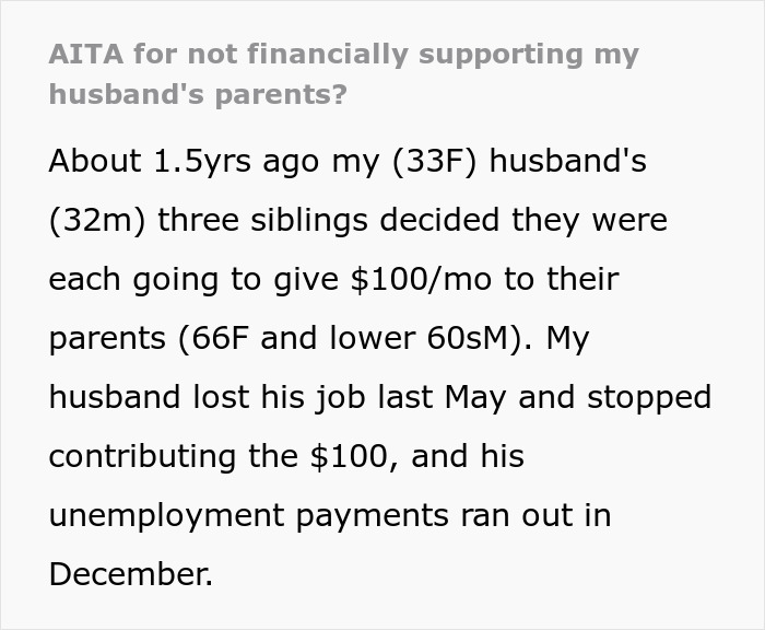 Text excerpt showing a wife refusing to financially support husband&rsquo;s mom after he loses job, sparking family dispute.