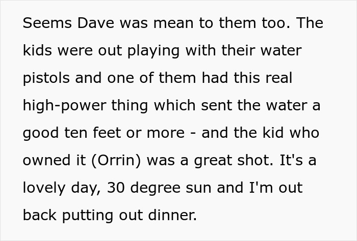 Text describing kids playing outside with water pistols on a sunny day, related to mailman dumping bottles of pee.