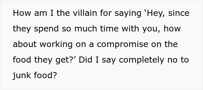 Text screenshot showing a mom explaining her refusal to leave kids with MIL due to concerns over fast food being served.