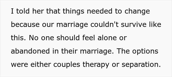 Text excerpt about marriage struggles, discussing options like couples therapy or separation due to feeling abandoned.