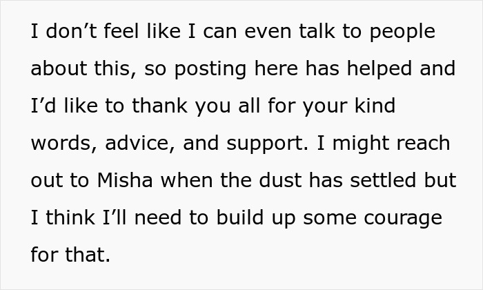 Text expressing gratitude for support while struggling to talk about husband&rsquo;s jealousy over the girl he led on.