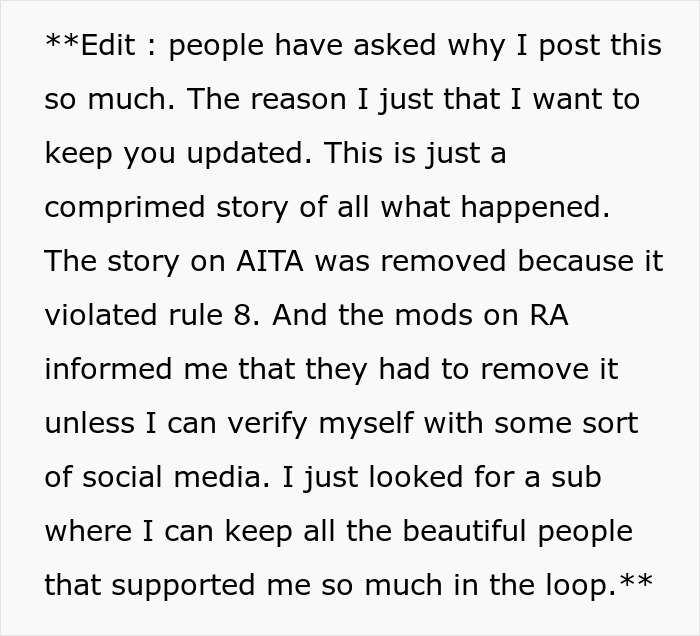 Text post explaining why a story about a couple booking a wedding venue early was removed from a platform.