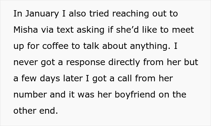 Text describing reaching out to Misha by text, receiving no reply, then getting a call from her boyfriend instead.