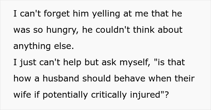 Text excerpt about wife emotionally checking out while scared and bruised in ER, husband focused on TikTok and takeout.