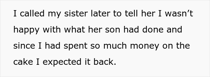 Text excerpt showing a woman explaining why she excluded her nephew from her son's birthday after he ruined the last one.