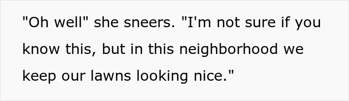 Text excerpt showing a confrontational quote about neighborhood lawn appearance related to Karen fakes wellness checks. Text excerpt showing a confrontational quote about neighborhood lawn appearance related to Karen fakes wellness checks.