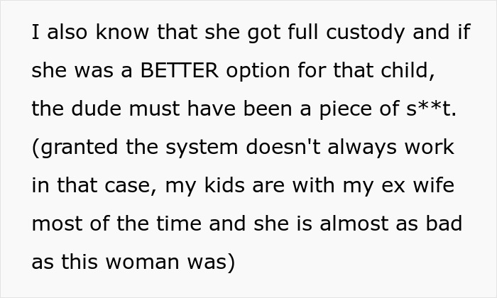 Text excerpt discussing full custody and concerns about how a roommate’s guest treats her kid, highlighting a father’s perspective. Text excerpt discussing full custody and concerns about how a roommate’s guest treats her kid, highlighting a father’s perspective.
