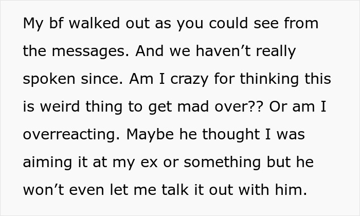 Screenshot of a text message conversation showing a boyfriend walking out over how his girlfriend connects with her school song performance.