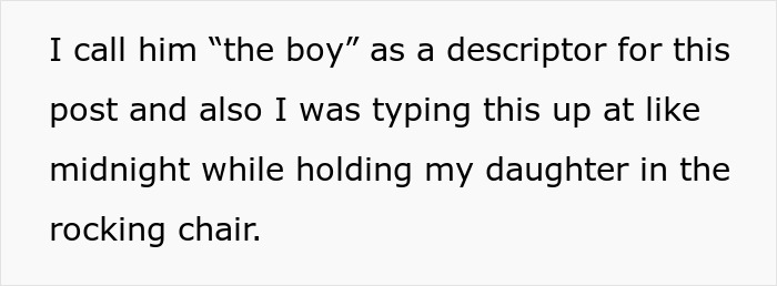 Text on a white background about a parent calling a child &ldquo;the boy&rdquo; while typing late at night holding daughter in rocking chair.