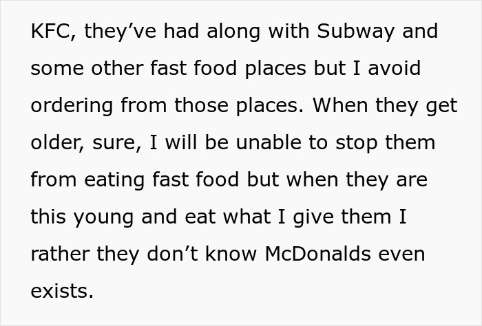 Text discussing a mom refusing to leave kids with MIL after she keeps feeding them fast food like KFC and Subway.
