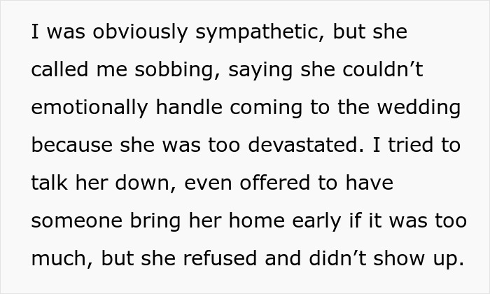 Text excerpt describing maid of honor missing sister&rsquo;s wedding due to emotional distress after losing dog and not showing up.