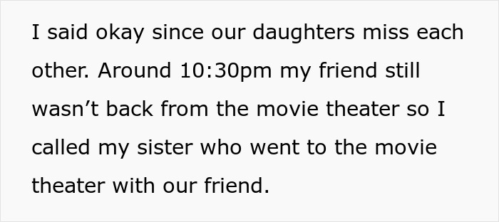 Text about charging friend for daughter ruining furniture, mentioning a late night movie theater visit and checking in.