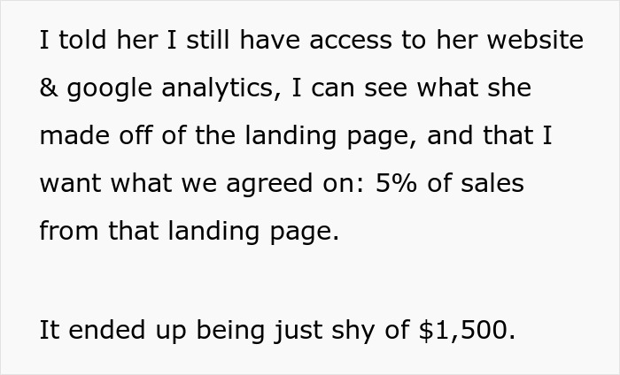 Text excerpt showing a freelancer explaining access to website analytics to claim 5% of sales after client fails to pay.