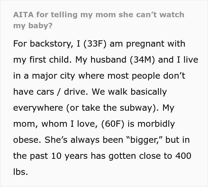 Pregnant woman explains why she won&rsquo;t let obese mom babysit newborn, sparking fat shaming debate online.