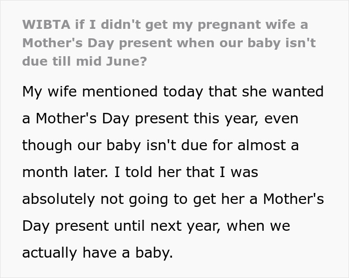 Text post about a man refusing to get his pregnant wife a Mother&rsquo;s Day gift, not considering her a mom yet.