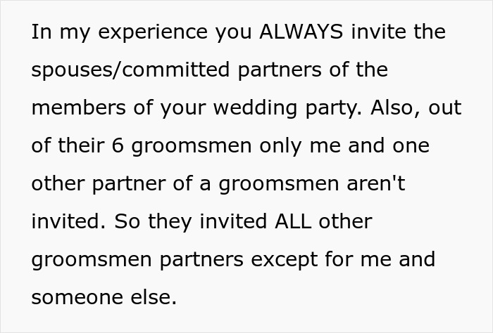 Text excerpt about inviting spouses of groomsmen to weddings, discussing fianc&eacute; and friend&rsquo;s wedding concerns.
