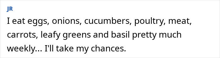 Text message discussing eating various foods regularly, highlighting products requiring extra caution while cooking and eating.