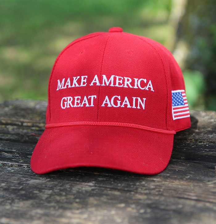 Red cap with Make America Great Again slogan, symbolizing the biggest elephant in the room concept.