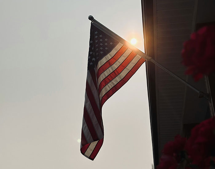 American flag waving in sunlight near a building, symbolizing the biggest elephant or blue whale in the room.