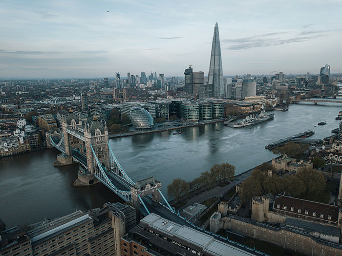 Aerial view of London skyline with Tower Bridge and the River Thames, highlighting the biggest elephant and blue whale.