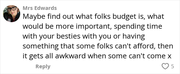 Screenshot of a social media comment discussing budget concerns related to paying for hen parties debates online.