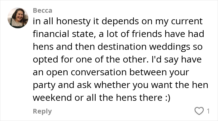 User comment discussing financial concerns and planning for hen parties and destination weddings in a casual online debate.