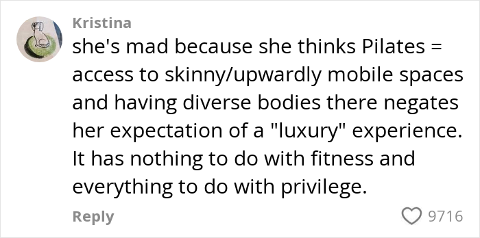 Comment discussing Pilates, body diversity, and privilege in response to woman called out about people 200 lbs and over doing Pilates