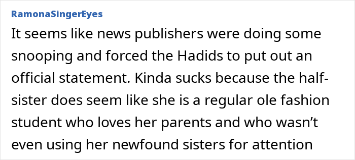 Text post discussing how Gigi and Bella Hadid revealed they have a secret sister from their father's past fling. Text post discussing how Gigi and Bella Hadid revealed they have a secret sister from their father's past fling.