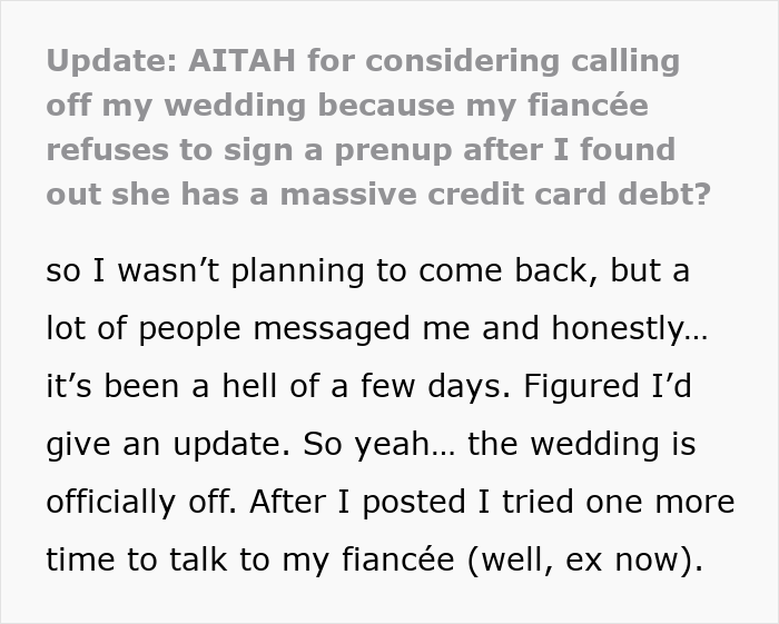 Screenshot of a forum post discussing a bride-to-be shutting down a prenup due to secret credit card debt discovery.