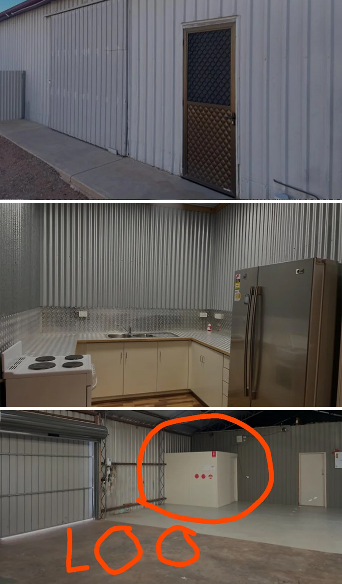 Interior and exterior views of a metal building rental with a kitchen and a poorly marked bathroom, illustrating bad landlords.