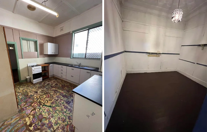 Kitchens and empty rooms in poorly maintained rental property showing bad landlord neglect and damage.