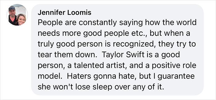 Screenshot of a social media comment defending Taylor Swift as a talented artist and positive role model against critics. Screenshot of a social media comment defending Taylor Swift as a talented artist and positive role model against critics.