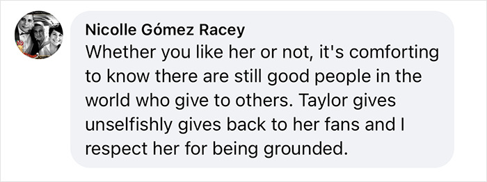 Comment praising Taylor Swift for being grounded and giving back to fans, related to Taylor Swift brutal interrogation. Comment praising Taylor Swift for being grounded and giving back to fans, related to Taylor Swift brutal interrogation.