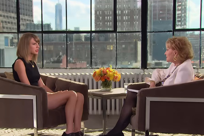 Taylor Swift and Barbara Walters engaged in a tense interview in a bright room with city views behind them. Taylor Swift and Barbara Walters engaged in a tense interview in a bright room with city views behind them.