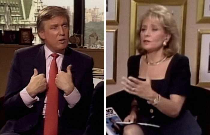 Split image showing a man in a suit speaking and a woman in black dress gesturing during an interview session. Split image showing a man in a suit speaking and a woman in black dress gesturing during an interview session.