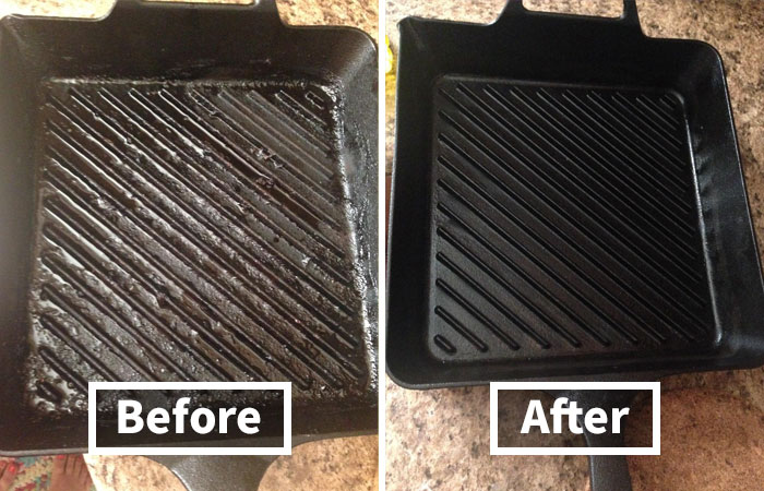 Cast iron grill pan showing before and after deep cleaning, a popular kitchen find people are obsessing over.