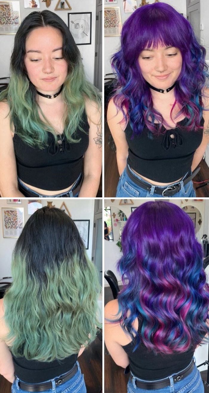 Young woman showing gorgeous hair transformations with vibrant purple and blue curls versus natural black and green ombre waves.