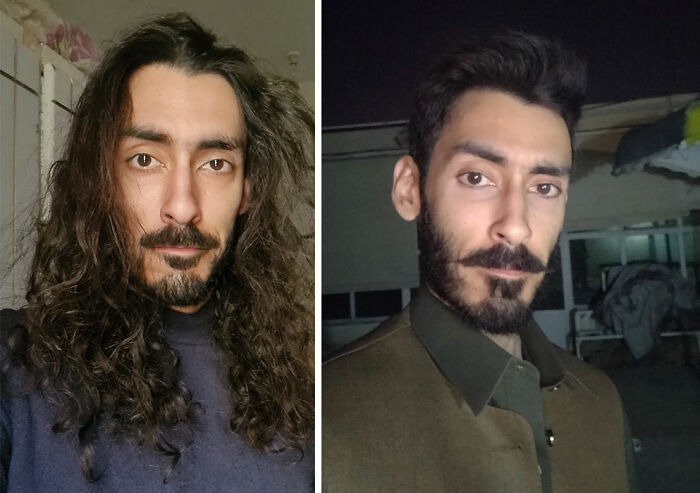 Man with long curly hair and beard before and after hair transformation showing a stylish short haircut and groomed beard.