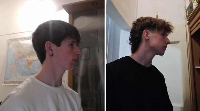 Side-by-side photos of a guy showing a gorgeous hair transformation with different hair length and style.