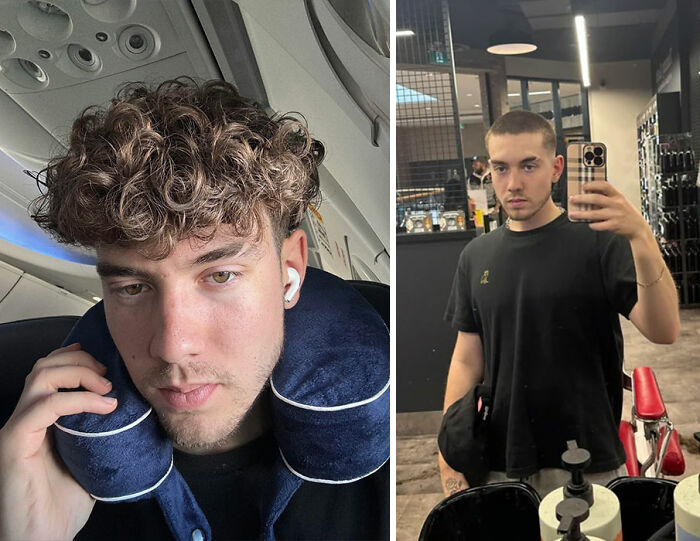 Young man showing gorgeous hair transformations with curly longer hair and a new short buzz cut style in two photos.