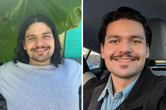 Side-by-side photos of a man showing a hair transformation with long hair and a shorter styled haircut.