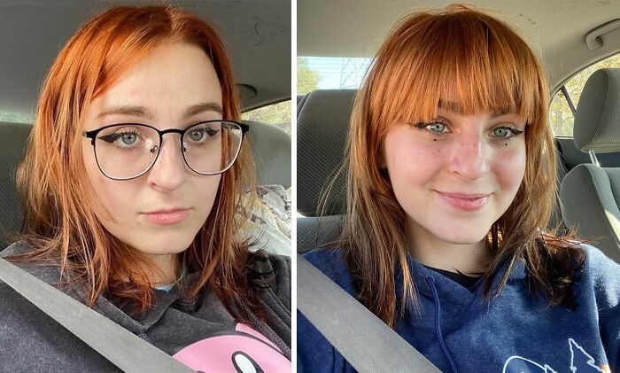 Before and after hair transformation of a young woman with red hair, showcasing a gorgeous hair makeover in natural light.