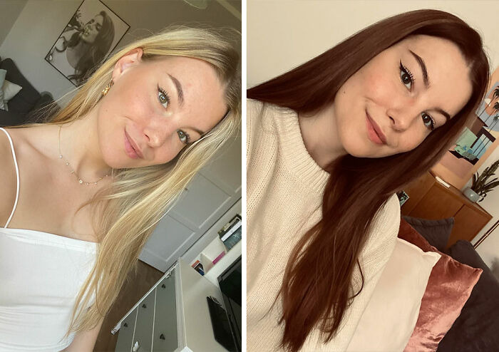 Two young women showing gorgeous hair transformations with long blonde and rich brunette hairstyles indoors.