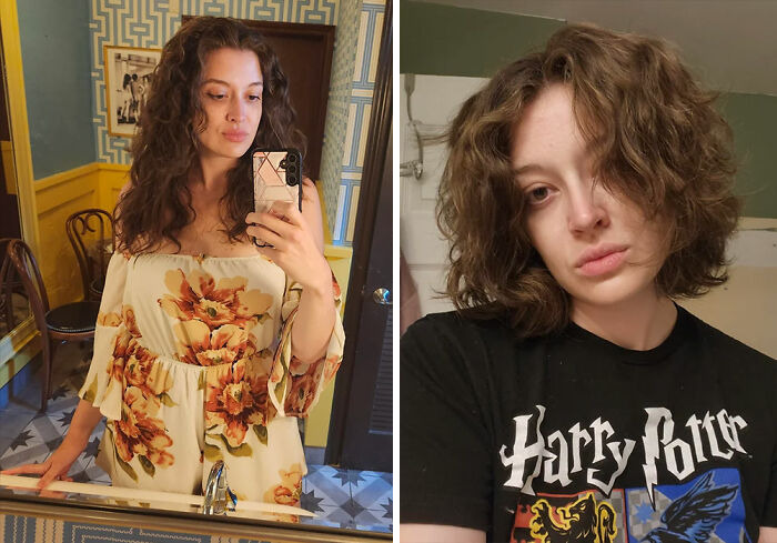 Side-by-side photos of two women showcasing gorgeous hair transformations with different curly hairstyles indoors.