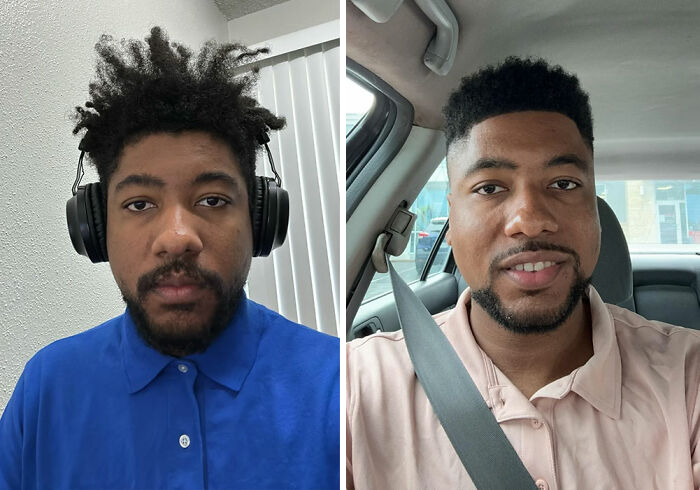 Before and after hair transformation of a man showing a stylish, groomed haircut and beard makeover.