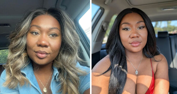 Side-by-side photos of a woman showcasing gorgeous hair transformations with blonde highlights and sleek black hair styles.