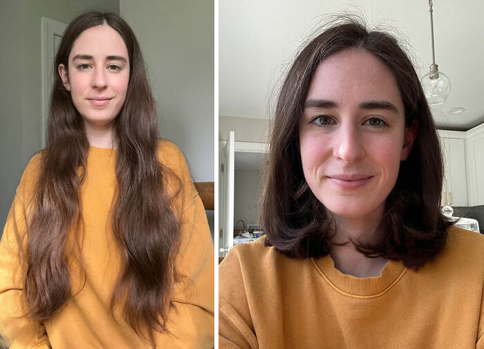 Before and after hair transformation of a woman with long brown hair cut to a shorter, styled look showcasing gorgeous hair transformations.
