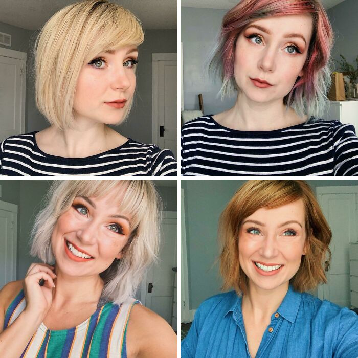 Four women showing gorgeous hair transformations with different hairstyles and colors in bright indoor settings.